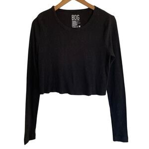 BDG Girlfriend Ribbed Cropped Long Sleeve Crew Neck Basic Tee Black Size Medium